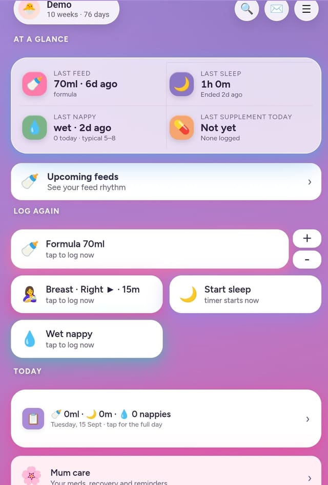 Lullagram home screen showing baby’s last feed, sleep and nappy at a glance