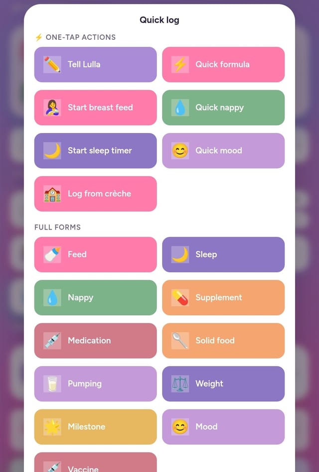 Lullagram quick log screen with one-tap buttons for feed, sleep and nappy