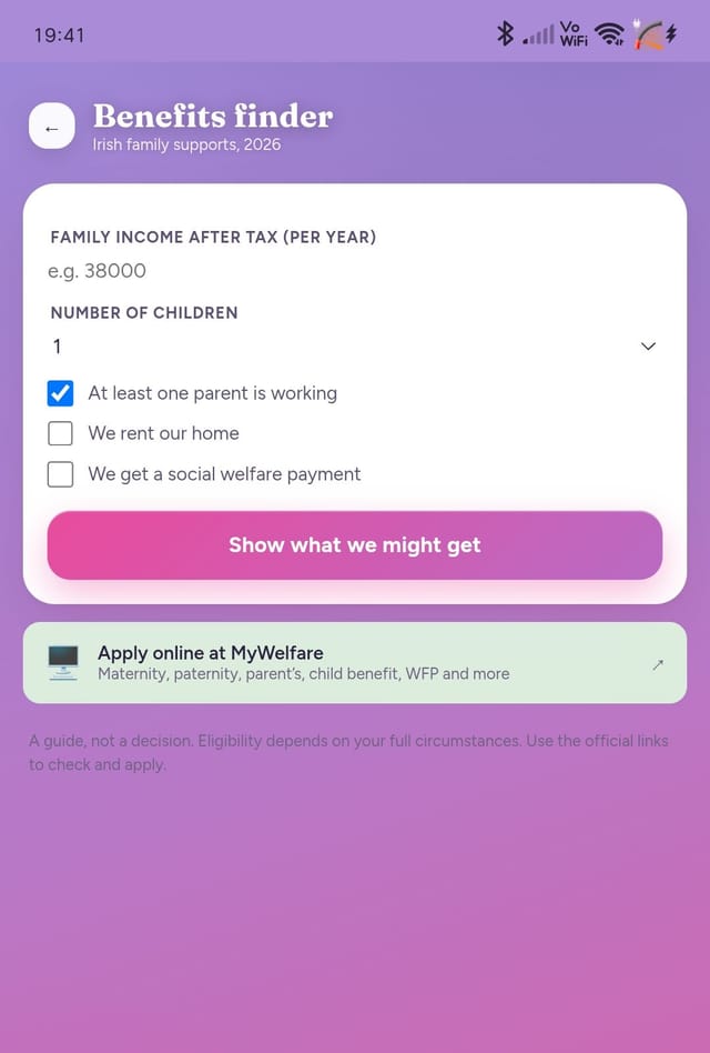 Lullagram benefits finder showing Irish family payments you might get