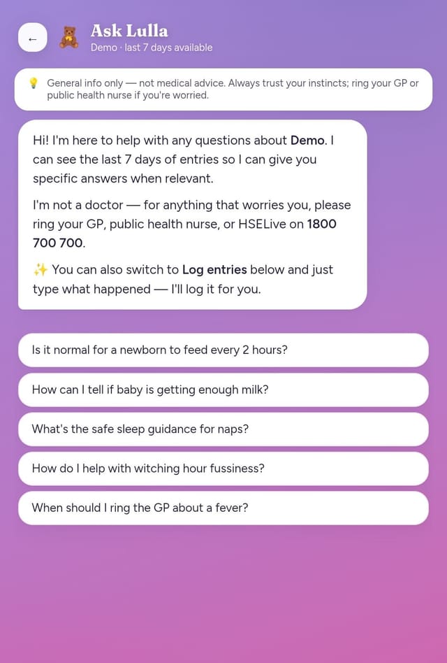 Lullagram Ask Lulla screen answering common baby questions