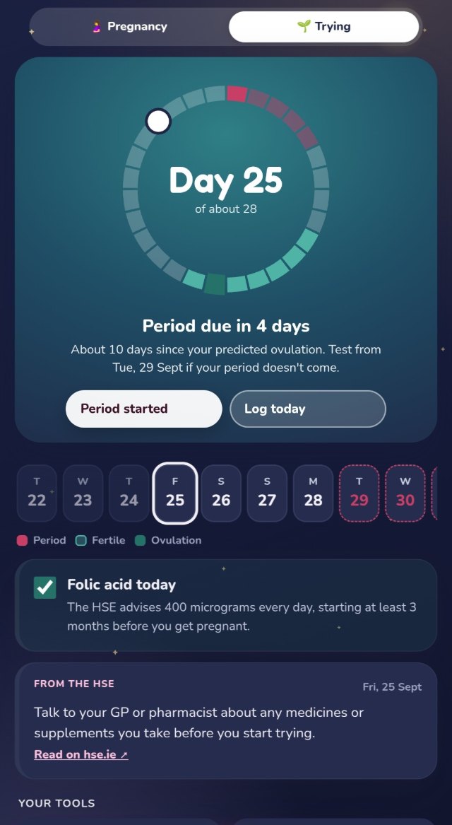 Lullagram trying for a baby screen with the cycle ring, the day of your cycle and when your next period is due