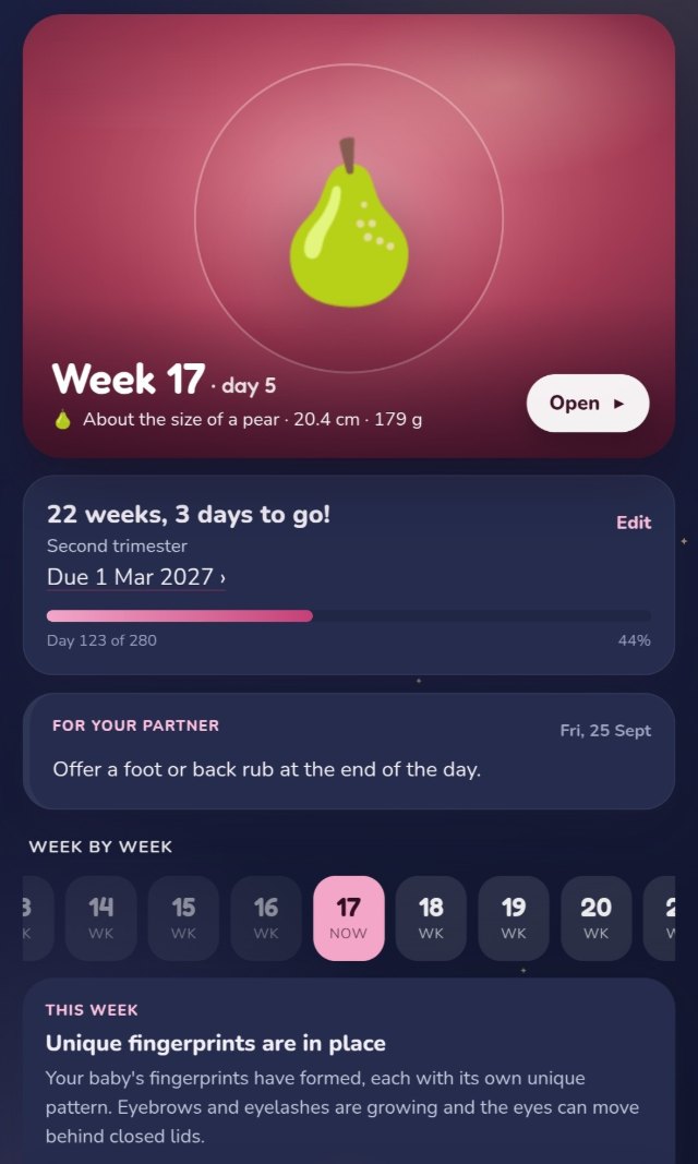 Pregnancy home screen at week 17: baby about the size of a pear, days to go and a tip for your partner