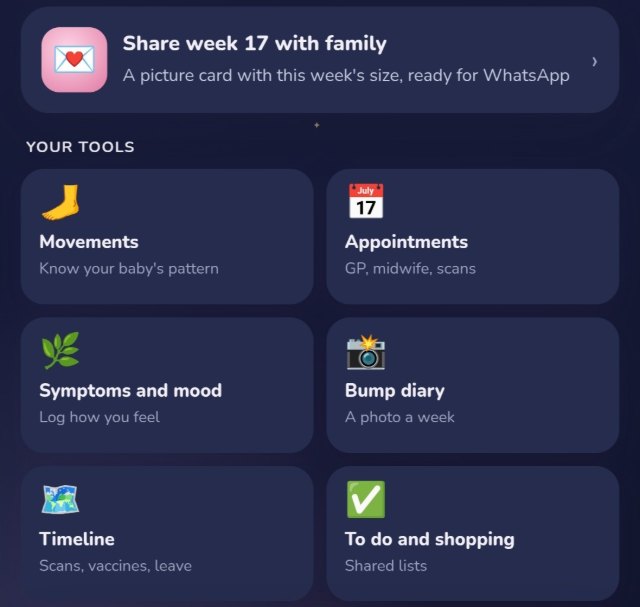 Pregnancy tools: movements, appointments, symptoms and mood, bump diary, timeline and shared lists, with a week card to share on WhatsApp