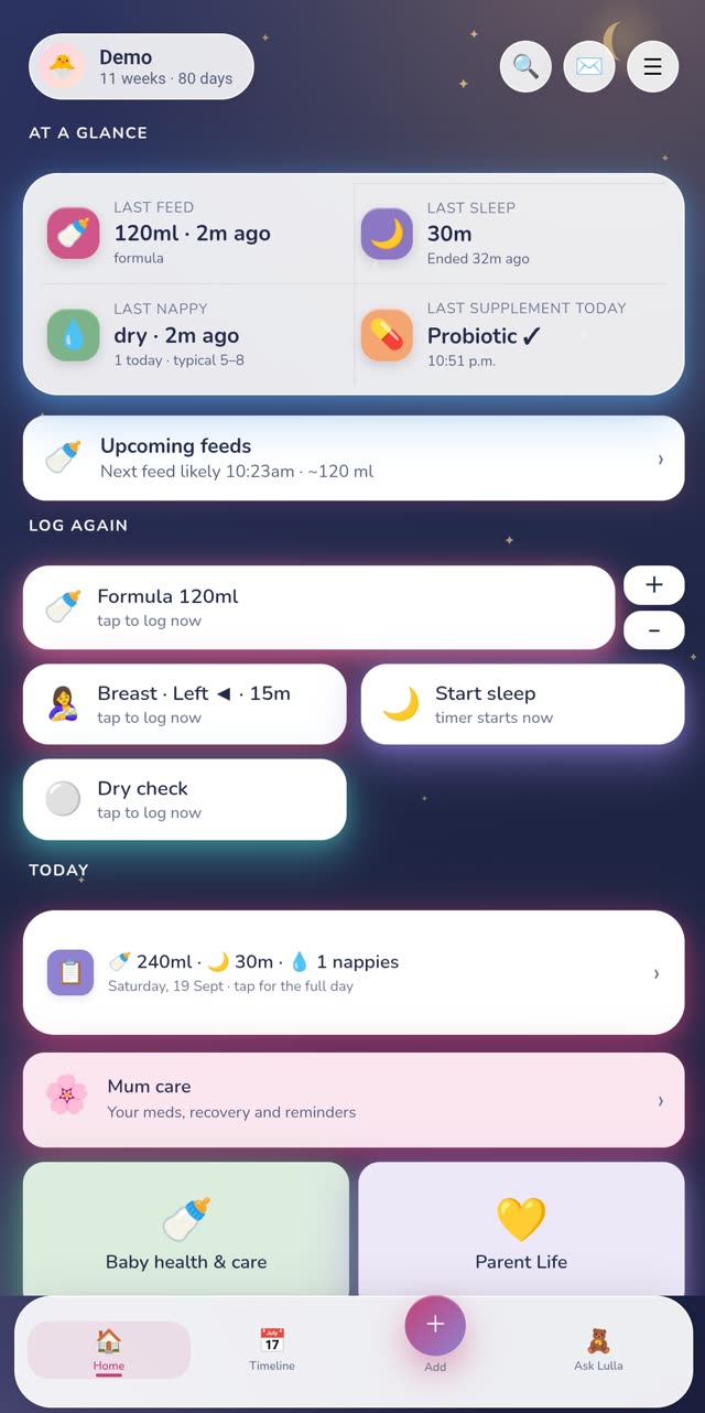 Lullagram home screen showing baby’s last feed, sleep and nappy at a glance