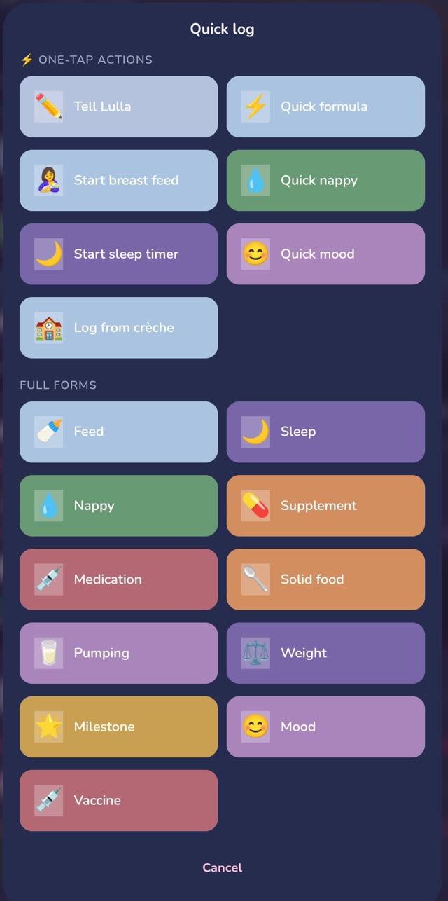 Lullagram quick log screen with one-tap actions for feeds, sleep, nappies and more