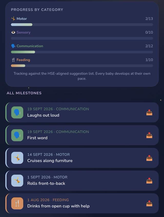 Lullagram milestones screen showing progress by category against an HSE-aligned list