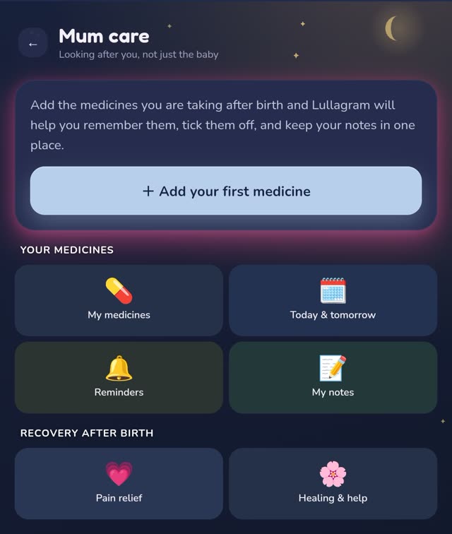 Lullagram Mum care screen for your medicines, reminders and recovery after birth