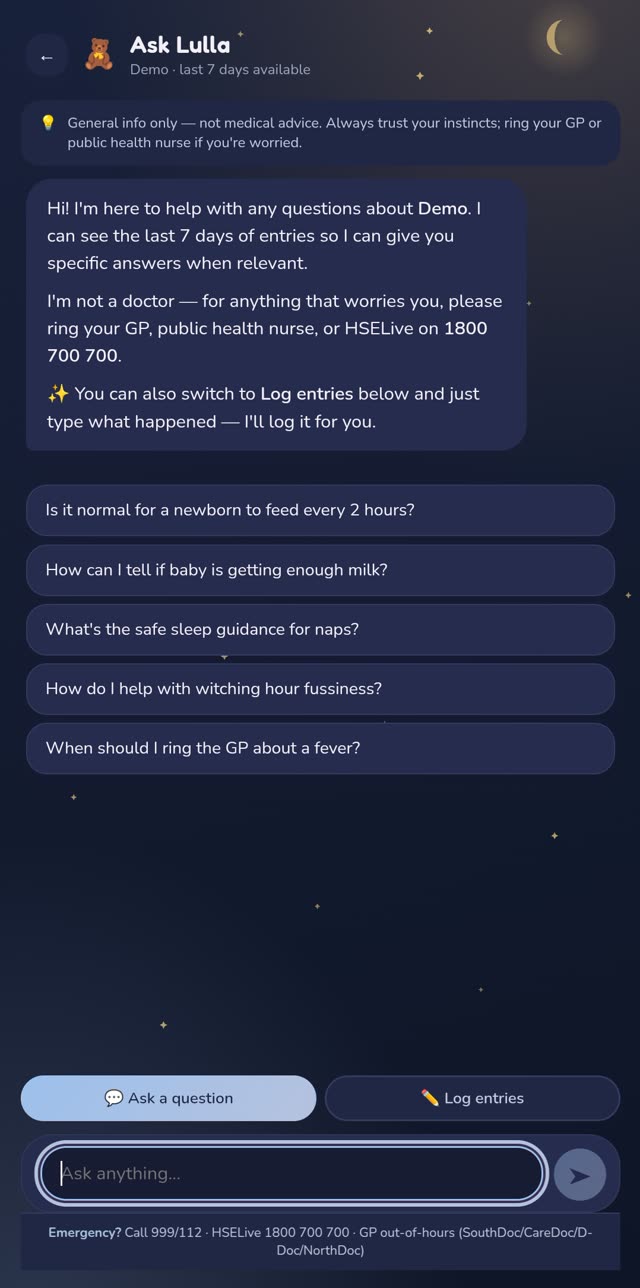 Lullagram Ask Lulla screen answering common baby questions with general guidance